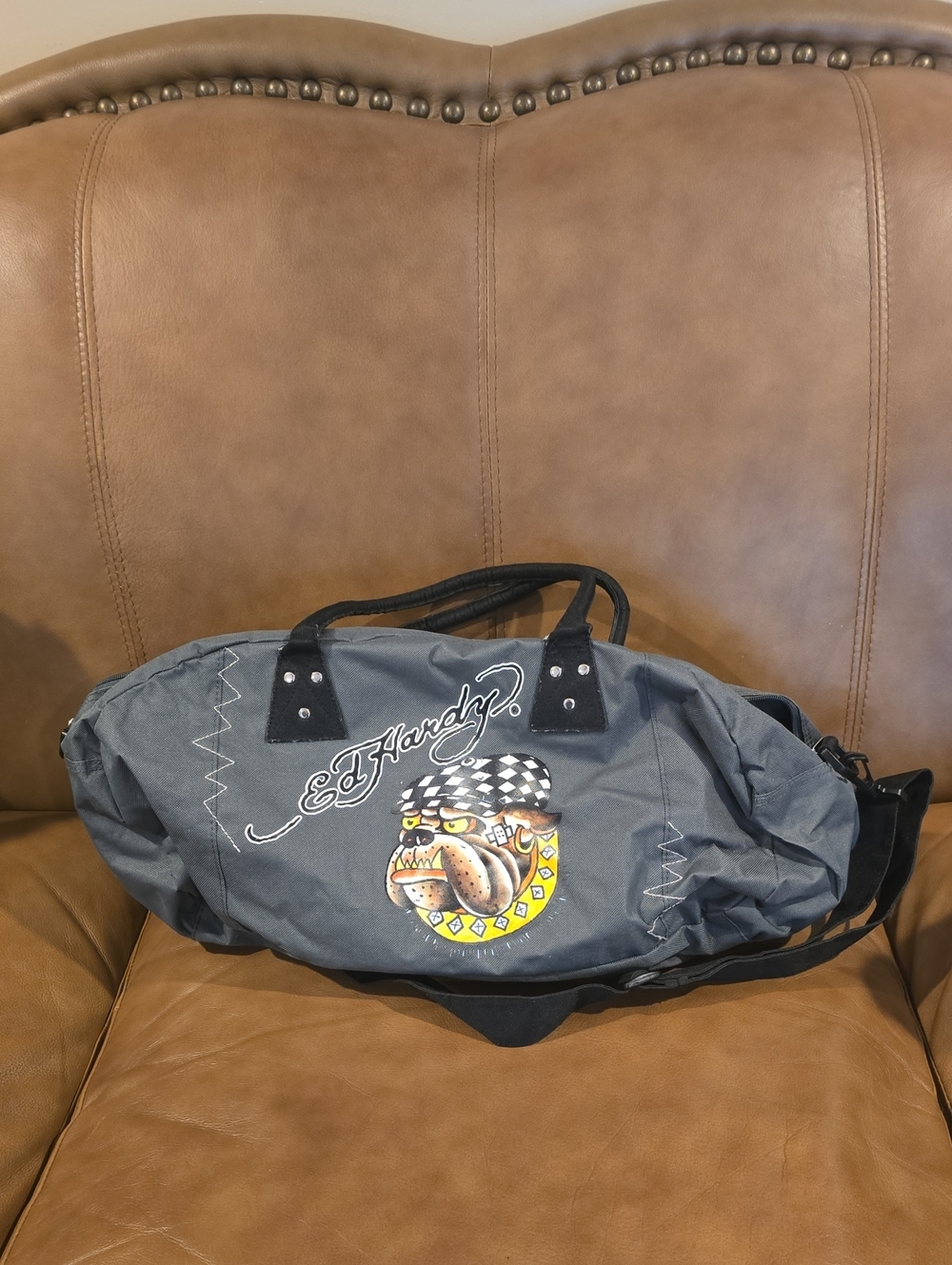 Ed Hardy Gray Duffel with Bulldog Graphic